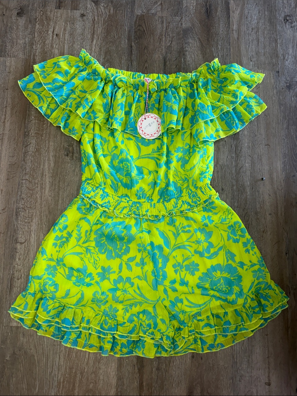 Umgee Off-Shoulder Floral Romper - Neon Yellow & Teal
